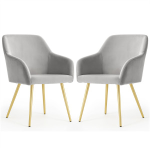 Lot De 2 Chaises En Velours Lisses Estelle Gris Pieds Dorés