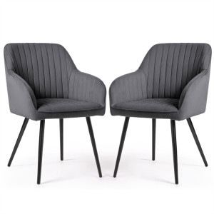 Lot De 2 Chaises En Velours À Surpiqûres Florence Anthracite Pieds Noirs