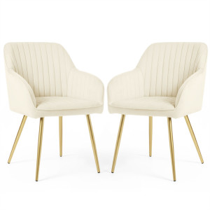 Lot De 2 Chaises En Velours À Surpiqûres Florence Crème Pieds Dorés