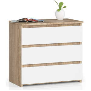 Table De Chevet Akord Cl3 Chêne Sonoma 60 Cm 3 Tiroirs Façade Blanche 60X35X57 Cm