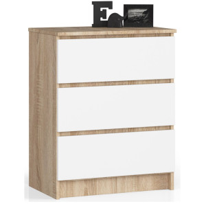 Commode Akord K60 Chêne Sonoma 60 Cm 3 Tiroirs Façade Blanche 60X40X77 Cm