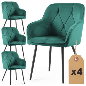 Lot De 4 Chaises En Velours Matelassées Diamante Vert Bouteille Pieds Noirs