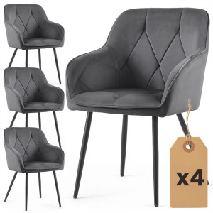 Lot De 4 Chaises En Velours Matelassées Diamante Anthracite Pieds Noirs
