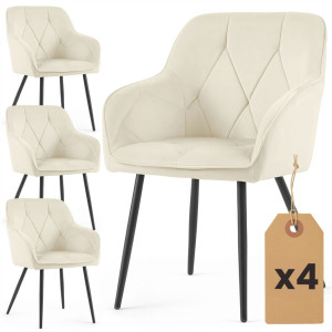 Lot De 4 Chaises En Velours Matelassées Diamante Crème Pieds Noirs