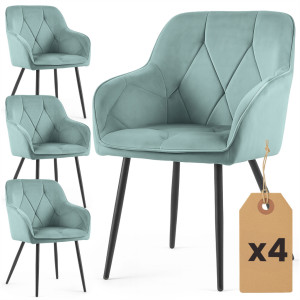 Lot De 4 Chaises En Velours Matelassées Diamante Turquoise Pieds Noirs