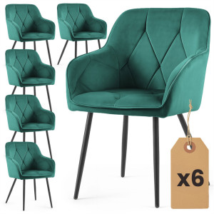 Lot De 6 Chaises En Velours Matelassées Diamante Vert Bouteille Pieds Noirs
