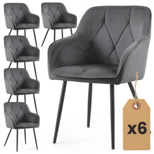 Lot De 6 Chaises En Velours Matelassées Diamante Anthracite Pieds Noirs