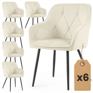 Lot De 6 Chaises En Velours Matelassées Diamante Crème Pieds Noirs