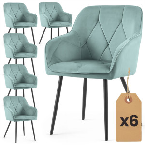 Lot De 6 Chaises En Velours Matelassées Diamante Turquoise Pieds Noirs