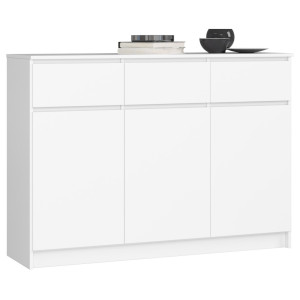 Commode Akord K140 Blanche 138 Cm 3 Portes 3 Tiroirs Façade Blanche 6 Étagères 138X40X99 Cm