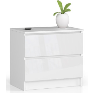 Table De Chevet Akord K60 Blanche 60 Cm 2 Tiroirs Façade Blanche Brillante 60X40X55 Cm