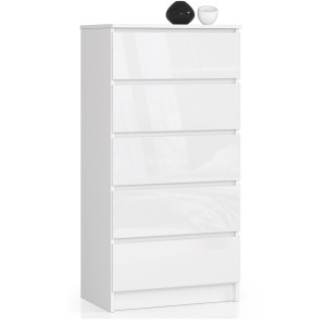 Commode Akord K60 Blanche 60 Cm 5 Tiroirs Façade Blanche Brillante 60X40X121 Cm