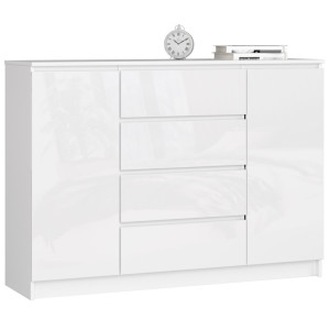 Commode Akord K140 Blanche 138 Cm 2 Portes 4 Tiroirs Façade Blanche Brillante 4 Étagères 138X40X99 Cm