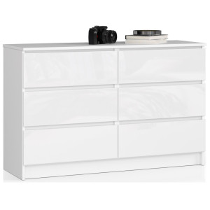 Commode Akord K120 Blanc 120 Cm 6 Tiroirs Façade Blanche Brillante 120X40X77 Cm