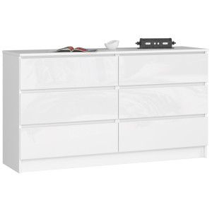 Commode Akord K140 Blanche 138 Cm 6 Tiroirs Façade Blanche Brillante 138X40X77 Cm