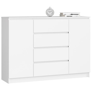 Commode Akord K140 Blanche 138 Cm 2 Portes 4 Tiroirs Façade Blanche 4 Étagères 138X40X99 Cm