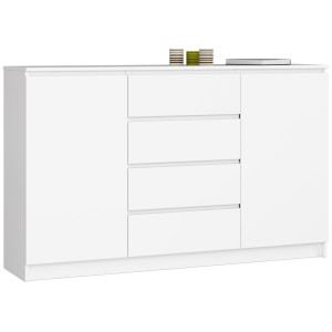 Grande Commode Pour Le Salon Akord K160 Blanche 160 Cm 2 Portes 4 Tiroirs Façade Blanche 4 Étagères 160X40X99 Cm