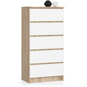 Commode Akord K60 Chêne Sonoma 60 Cm 5 Tiroirs Façade Blanche 60X40X121 Cm