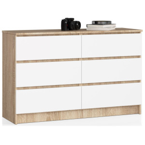 Commode Akord K120 Chêne Sonoma 120 Cm 6 Tiroirs Façade Blanche 120X40X77 Cm