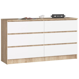Commode Akord K140 Chêne Sonoma 138 Cm 6 Tiroirs Façade Blanche 138X40X77 Cm