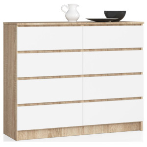 Commode Akord K120 Chêne Sonoma 120 Cm 8 Tiroirs Façade Blanche 120X40X99 Cm
