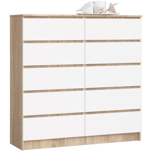 Commode Akord K120 Chêne Sonoma 120 Cm 10 Tiroirs Façade Blanche 120X40X121 Cm