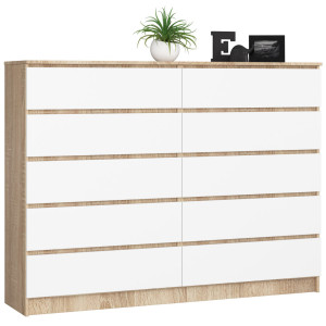 Grande Commode Pour Le Salon Akord K160 Chêne Sonoma 160 Cm 10 Tiroirs Façade Blanche 160X40X121 Cm