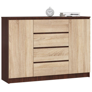 Commode Akord K140 Wengé 138 Cm 2 Portes 4 Tiroirs Façade Chêne Sonoma 4 Étagères 138X40X99 Cm