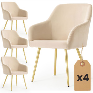 Lot De 4 Chaises En Velours Lisses Estelle Beige Pieds Dorés