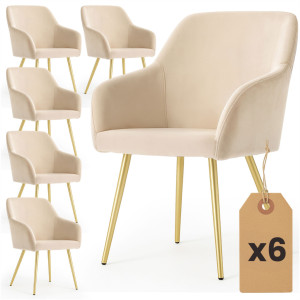 Lot De 6 Chaises En Velours Lisses Estelle Beige Pieds Dorés