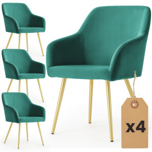 Lot De 4 Chaises En Velours Lisses Estelle Vert Bouteille Pieds Dorés