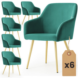 Lot De 6 Chaises En Velours Lisses Estelle Vert Bouteille Pieds Dorés