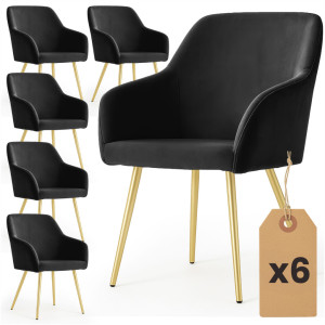 Lot De 6 Chaises En Velours Lisses Estelle Noir Pieds Dorés