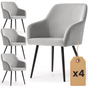 Lot De 4 Chaises En Velours Lisses Estelle Gris Pieds Noirs