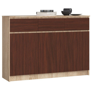 Commode Akord K140 Chêne Sonoma 138 Cm 3 Portes 3 Tiroirs Façade Wengé 6 Étagères 138X40X99 Cm