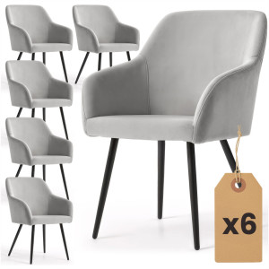 Lot De 6 Chaises En Velours Lisses Estelle Gris Pieds Noirs