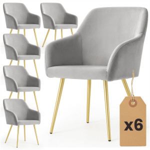 Lot De 6 Chaises En Velours Lisses Estelle Gris Pieds Dorés