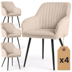 Lot De 4 Chaises En Velours À Surpiqûres Florence Beige Pieds Noirs