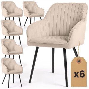 Lot De 6 Chaises En Velours À Surpiqûres Florence Beige Pieds Noirs