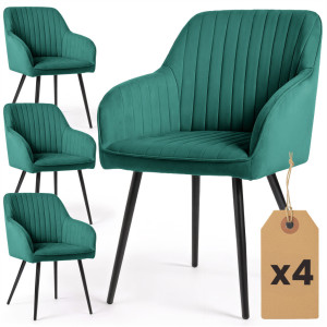 Lot De 4 Chaises En Velours À Surpiqûres Florence Vert Bouteille Pieds Noirs