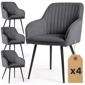 Lot De 4 Chaises En Velours À Surpiqûres Florence Anthracite Pieds Noirs