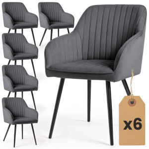Lot De 6 Chaises En Velours À Surpiqûres Florence Anthracite Pieds Noirs