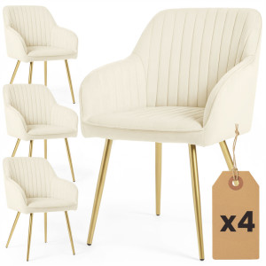 Lot De 4 Chaises En Velours À Surpiqûres Florence Crème Pieds Dorés