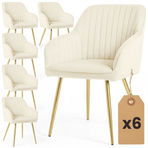 Lot De 6 Chaises En Velours À Surpiqûres Florence Crème Pieds Dorés