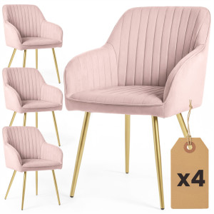 Lot De 4 Chaises En Velours À Surpiqûres Florence Rose Poudré Pieds Dorés