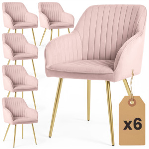Lot De 6 Chaises En Velours À Surpiqûres Florence Rose Poudré Pieds Dorés