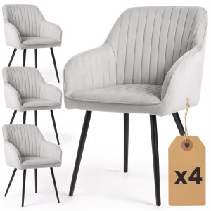 Lot De 4 Chaises En Velours À Surpiqûres Florence Gris Pieds Noirs