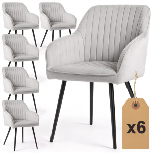 Lot De 6 Chaises En Velours À Surpiqûres Florence Gris Pieds Noirs