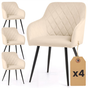 Lot De 4 Chaises En Velours Matelassées En Losanges Velto Beige Pieds Noirs