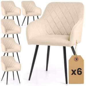 Lot De 6 Chaises En Velours Matelassées En Losanges Velto Beige Pieds Noirs